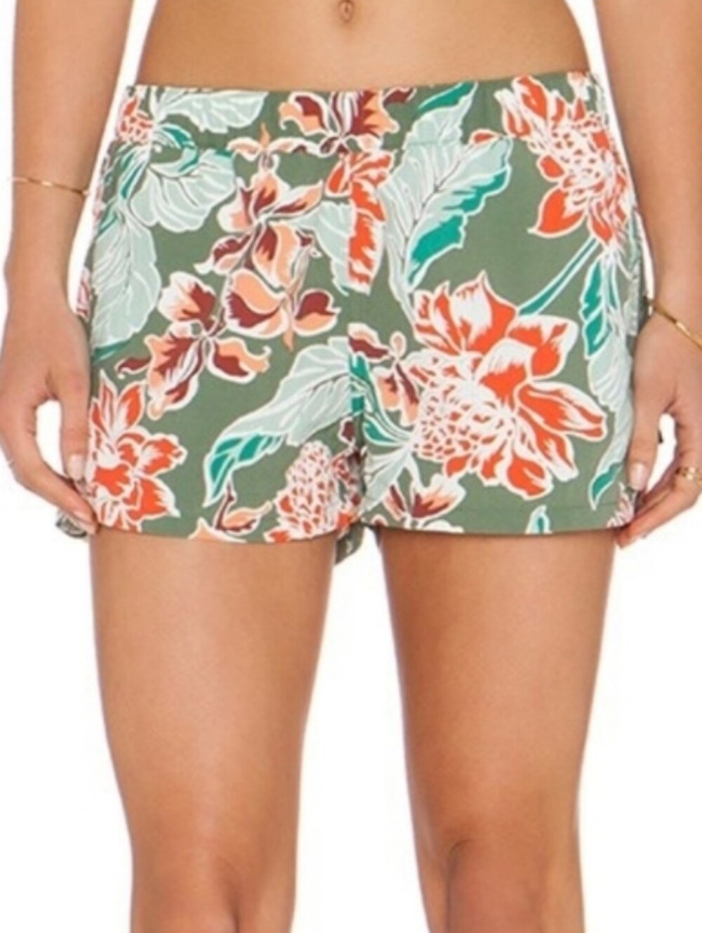 Patagonia Olive Green Floral Athletic Shorts with Orange Accents